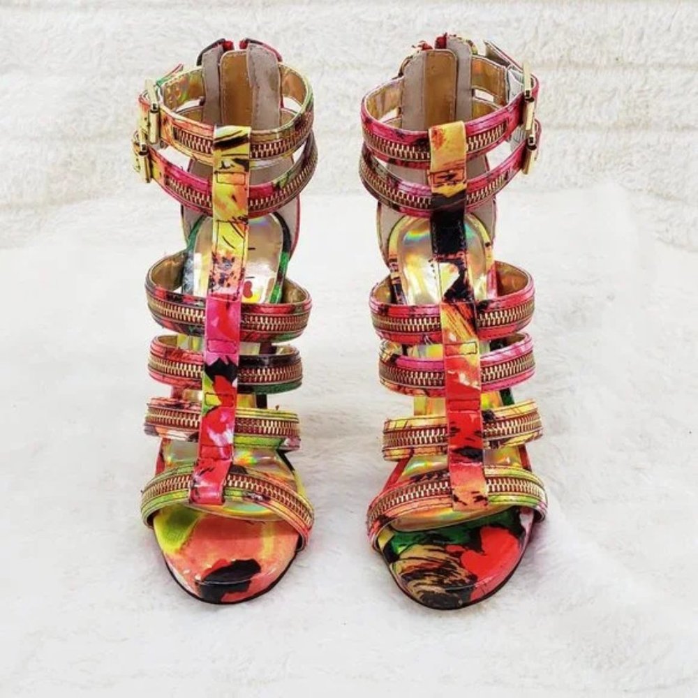 Luichiny Red Multi Tone It High Heel Cage Strap Mini Platform Spring Sandals - Picture 6 of 8